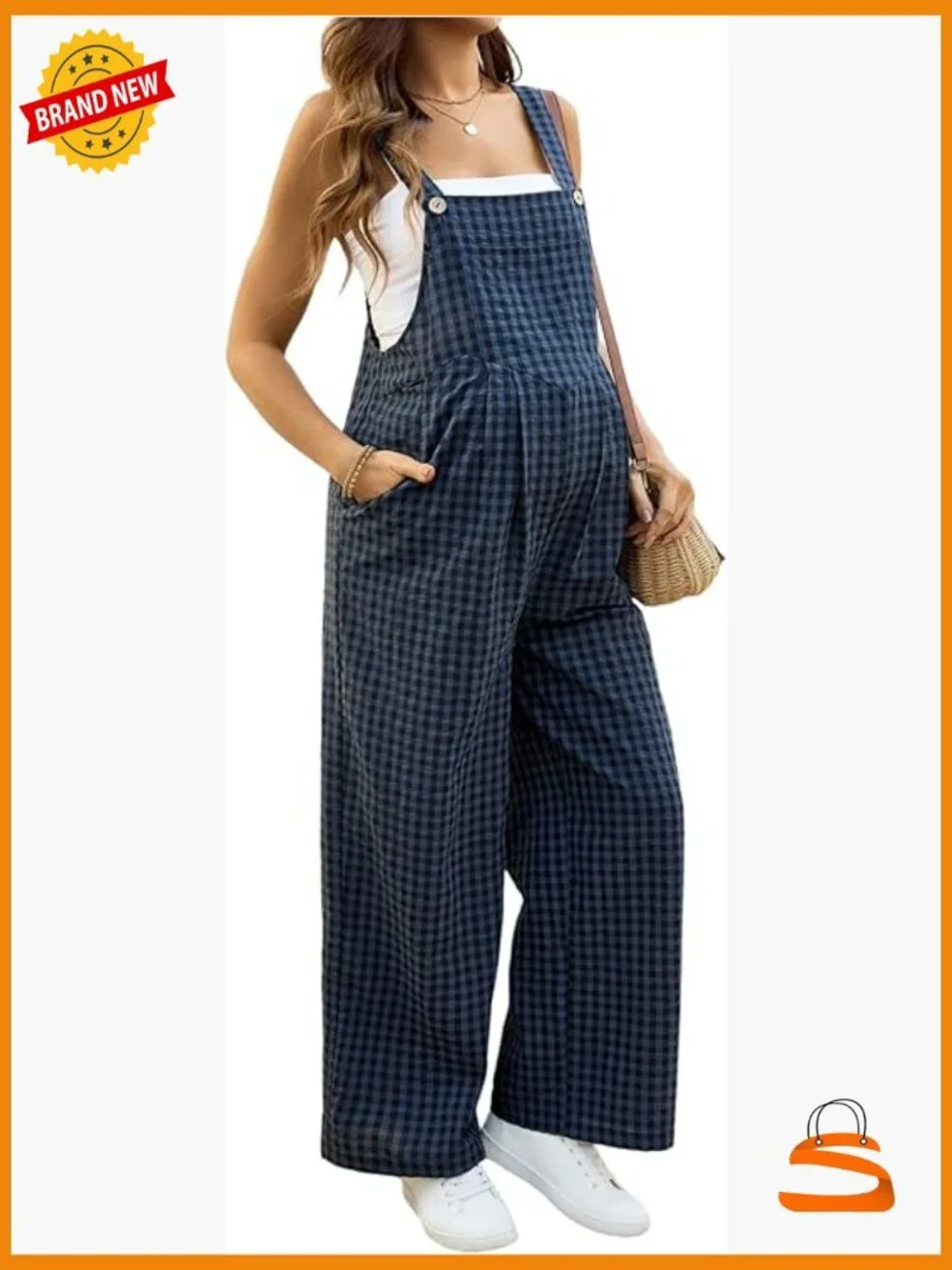Maternity Gingham Overalls Wide Leg Sleeveless Plaid Print Button Closure
